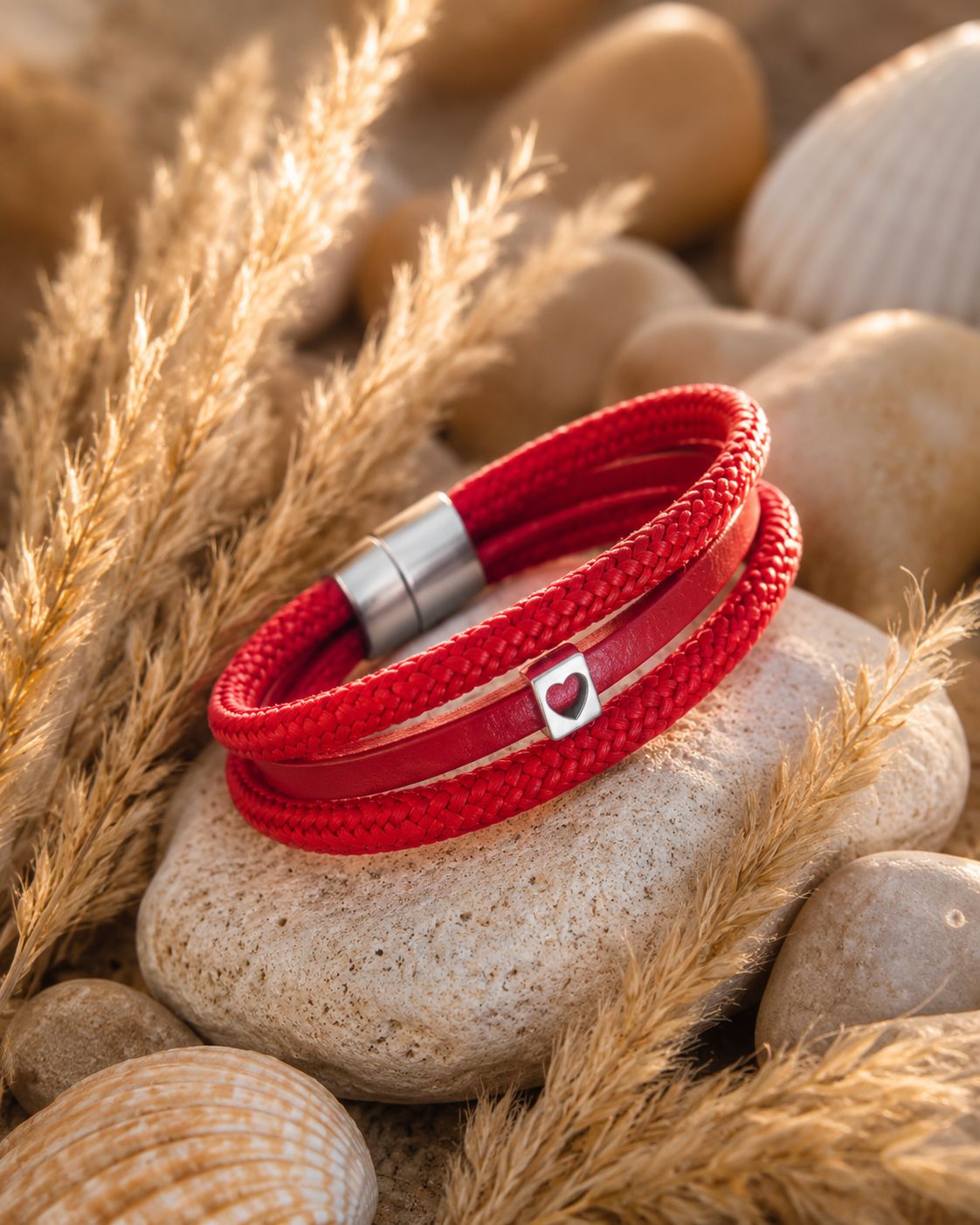 Maritimes Damenarmband Unendlich aus rotem Segeltau und Leder mit Herz-Anhänger